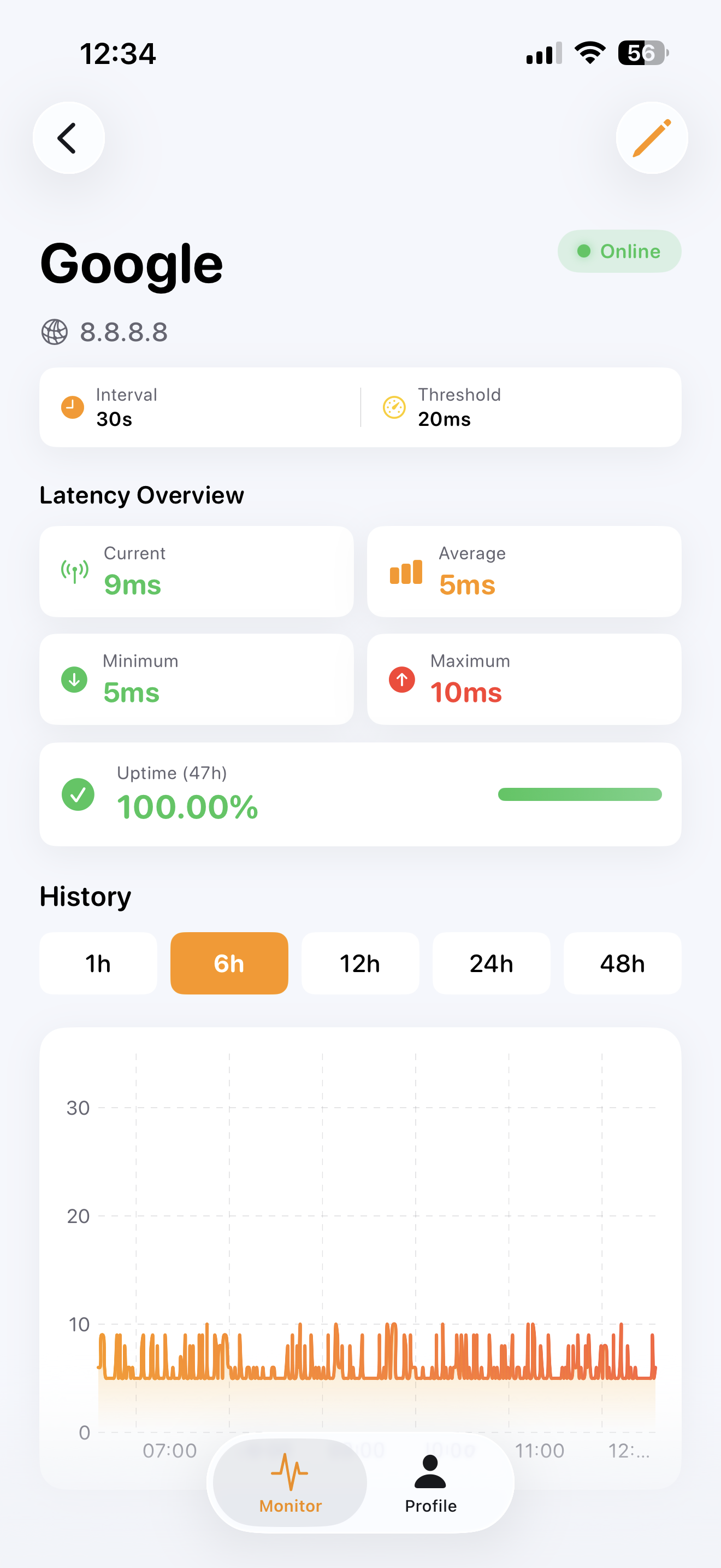 Pingstat server detail view with heartbeat bar, stats, and latency chart